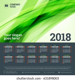 Calendar for 2018 year. Vector design template. Week starts on Sunday. Vector illustration with green wave abstract background