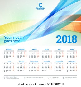 Calendar for 2018 year. Vector design template. Week starts on Monday. Vector illustration with light abstract background