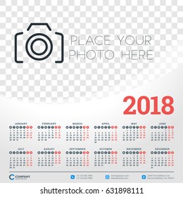 Calendar for 2018 year. Vector design template. Week starts on Monday. Vector illustration with place for photo