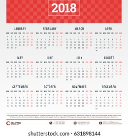 Calendar for 2018 year. Vector design template. Week starts on Monday. Vector illustration