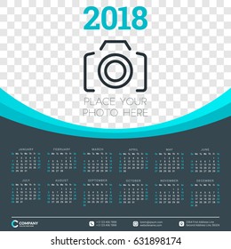 Calendar for 2018 year. Vector design template. Week starts on Sunday. Vector illustration with place for photo. Dark background