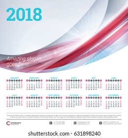 Calendar for 2018 year. Vector design template. Week starts on Sunday. Vector illustration with wave abstract background