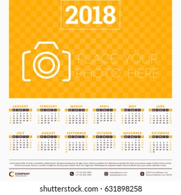 Calendar for 2018 year. Vector design template. Week starts on Sunday. Vector illustration with place for photo
