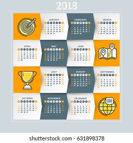 Calendar for 2018 year. Vector design template. Week starts on Sunday. Flat style color vector illustration with technology icons