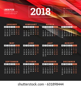 Calendar for 2018 year. Vector design template. Week starts on Monday. Vector illustration with dark abstract background