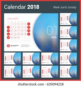 Calendar for 2018 Year. Vector Design Print Template with Place for Photo. Week Starts on Sunday. Set of 12 Months