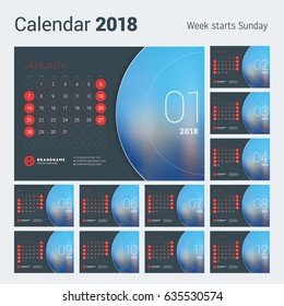Calendar for 2018 Year. Vector Design Print Template with Place for Photo. Week Starts on Sunday. Set of 12 Months