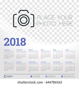 Calendar for 2018 year. Vector design template. Week starts on Sunday. Vector illustration with place for photo