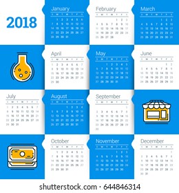 Calendar for 2018 year. Vector design template. Week starts on Sunday. Flat style color vector illustration with business icons
