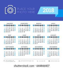 Calendar for 2018 year. Vector design stationery template. Week starts on Sunday. Flat style color vector illustration
