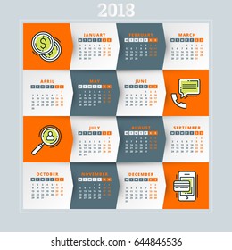 Calendar for 2018 year. Vector design template. Week starts on Monday. Flat style color vector illustration with business icons