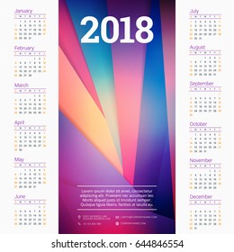 Calendar for 2018 year. Vector design template. Week starts on Sunday. Vector illustration with colorful abstract background
