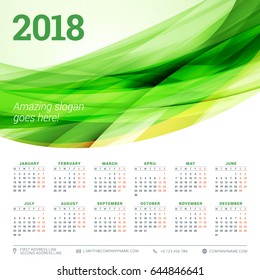 Calendar for 2018 year. Vector design template. Week starts on Monday. Vector illustration with green wave abstract background