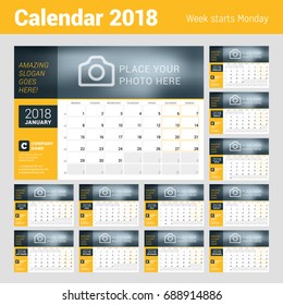 Calendar for 2018 Year. Vector Design Print Template with Place for Photo, Logo and Contact Information. Week Starts on Monday. Set of 12 Months