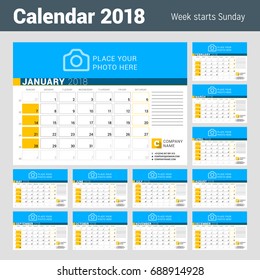 Calendar for 2018 year. Vector design template with place for photo. Week starts on Sunday. Calendar grid with week numbers and place for notes