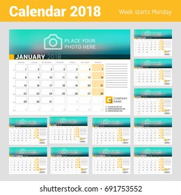 Calendar for 2018 Year. Vector Design Print Template with Place for Photo, Logo and Contact Information. Week Starts on Monday. Calendar Grid with Week Numbers and Place for Notes