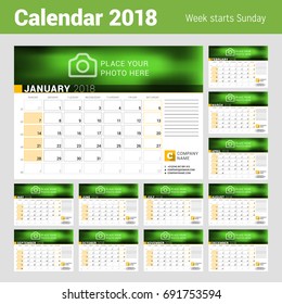 Calendar for 2018 year. Vector design template with place for photo. Week starts on Sunday. Calendar grid with week numbers and place for notes