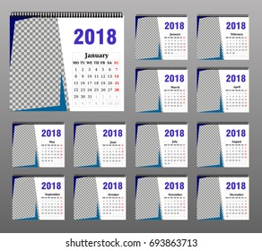 Calendar for 2018 Year. Vector Design Print Template with Place for Photo and Company Logo. Week Starts on Sunday. Set of 12 Months