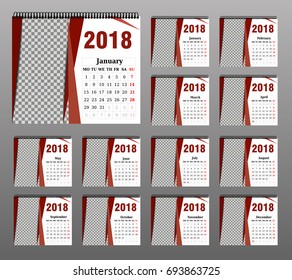 Calendar for 2018 Year. Vector Design Print Template with Place for Photo and Company Logo. Week Starts on Sunday. Set of 12 Months