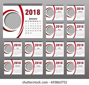 Calendar for 2018 Year. Vector Design Print Template with Place for Photo and Company Logo. Week Starts on Sunday. Set of 12 Months