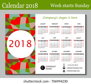 Calendar for 2018 Year. Vector Design Print Template. Week starts on Sunday. 