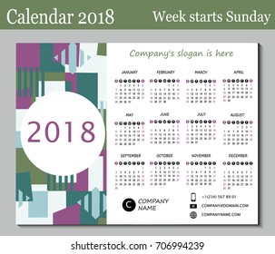 Calendar for 2018 Year. Vector Design Print Template. Week starts on Sunday. 