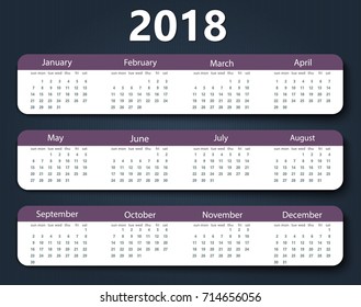 Calendar 2018 year vector design template, Week starting on Sunday. EPS10