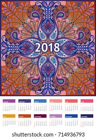 calendar 2018 year vector design template with colorful illustration of oriental kerchief bohemian ornament on background