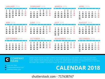 Calendar for 2018 Year. Vector design print template. Week starts on Monday