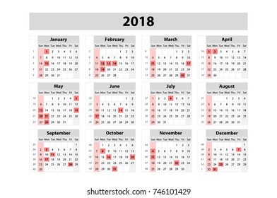 Calendar for 2018 Year. Vector Design Print Template. Week Starts on Sunday. Set of 12 Months art