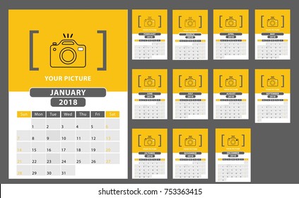 Calendar for 2018 Year. Vector Design Print Template with Place for Photo and Company Logo. Week Starts on Sunday.