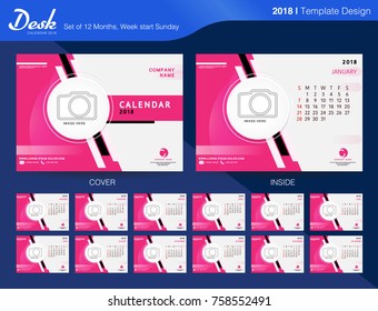 Calendar 2018 Year. Vector Design Template with Place for Photo. Week Starts on Sunday. Set of 12 Months
