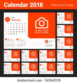 Calendar for 2018 year. Vector design print template with place for photo. Week starts on Sunday