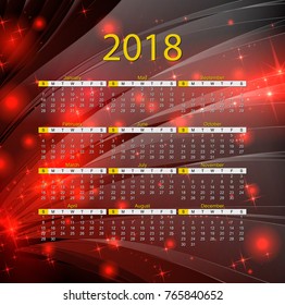 Calendar 2018 year vector design template. Calendar 2018 on a  red background.