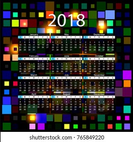 Calendar 2018 year vector design template. Calendar 2018 year  on a  square colorful background.