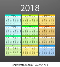 Calendar 2018 year vector design template. Calendar 2018 year on a gray background.