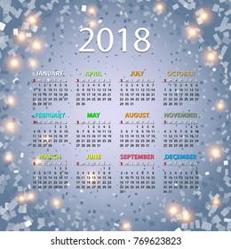 Calendar 2018 year vector design template. Calendar 2018 year on a gray background with snowy luminous particles, lights and bokeh.