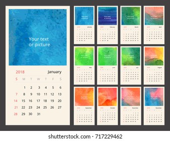 Calendar 2018 year with watercolor. Week starts from sunday.