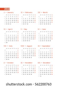 Calendar for 2018 year with week numbers on white background. Vector design print template. Week starts Monday. Stationery design