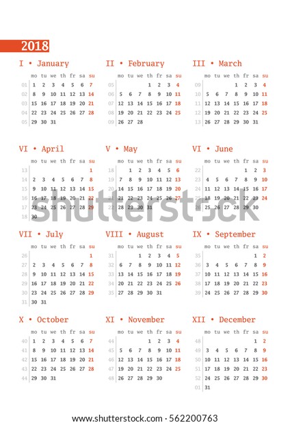 Calendar 2018 Year Week Numbers On Stock Vector (Royalty Free) 562200763