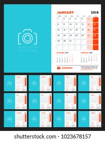 Calendar for 2018 year. Week starts on Monday. Vector design print template