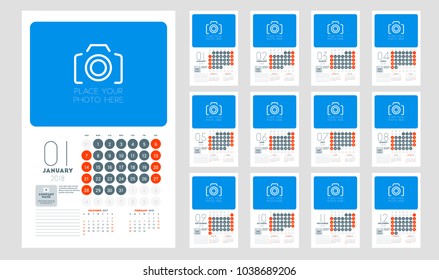 Calendar for 2018 year. Week starts on Sunday. Vector design print template