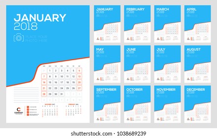 Calendar for 2018 year. Week starts on Sunday. Vector design print template
