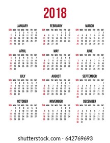 Calendar 2018 year. Week starts Sunday, US. Vector clear or blank calendar template for office and print
