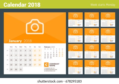 Calendar for 2018 Year. Week Starts on Monday. Set of 12 Months. Vector Design Print Template with Place for Photo and Company Information