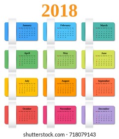 Calendar 2018 year. Week starts Sunday. Vector. Colorful design stationery template. Yearly calendar organizer