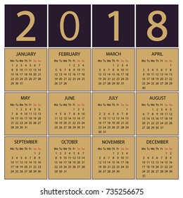 Calendar 2018 year. Week starts with Monday. 