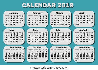 Calendar 2018 year. Week starts from monday. Template for your design on a green background. Vector illustration