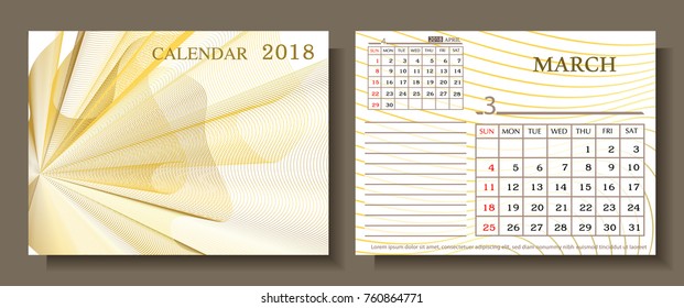 Calendar for 2018 year.March  2018.Week starts sunday.Vector illustration.