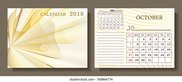 Calendar for 2018 year.October 2018.Week starts sunday.Vector illustration.